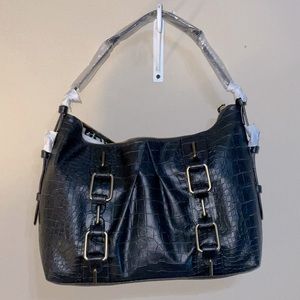 Kate Landry charcoal leather shoulder purse with gold buckles handbag
